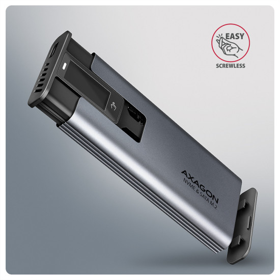AXAGON EEM2-SD2 USB-C 3.2 Gen 2 - M.2 NVMe / SATA SSD 30-80mm ALU box grey, LCD display AXAGON EEM2-SD2 USB-C 3.2 Gen 2 - M.2 NVMe / SATA SSD 30-80mm ALU box grey, LCD display
