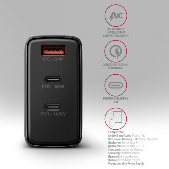 MOBILE CHARGER WALL USB 100W/GAN 3PORT ACU-DPQ100 AXAGON MOBILE CHARGER WALL USB 100W/GAN 3PORT ACU-DPQ100 AXAGON