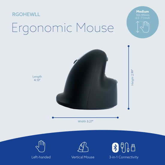 Ergonomic mouse R-Go HE Break with break software, medium (hand size 165-185 mm), left-handed, Bluetooth, black