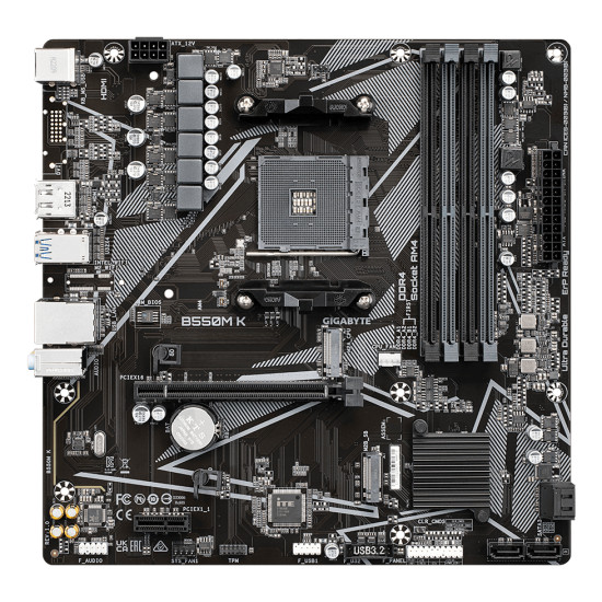 Mainboard|GIGABYTE|AMD B550|SAM4|Micro-ATX|Memory DDR4|Memory slots 4|1xPCI-Express 3.0 1x|1xPCI-Express 4.0 16x|2xM.2|1xHDMI|1xDisplayPort|2xAudio-In|1xAudio-Out|4xUSB 2.0|4xUSB 3.2|1xPS/2|1xRJ45|B550MK Mainboard|GIGABYTE|AMD B550|SAM4|Micro-ATX|Memory DDR4|Memory slots 4|1xPCI-Express 3.0 1x|1xPCI-Express 4.0 16x|2xM.2|1xHDMI|1xDisplayPort|2xAudio-In|1xAudio-Out|4xUSB 2.0|4xUSB 3.2|1xPS/2|1xRJ45|B550MK