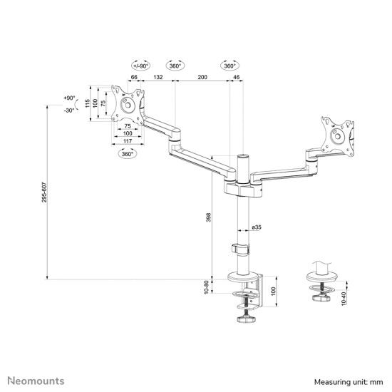 NEOMOUNTS SCREEN DESK MOUNT FOR TWO MONITORS, WHITE (CLAMP+GROMMET)
