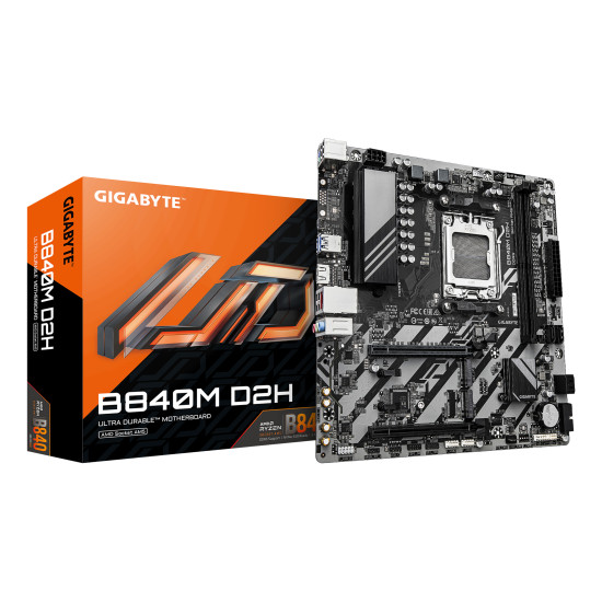 GIGABYTE B840M D2H Motherboard - AMD Ryzen 9000 CPUs, 5+2+2 Phases VRM, up to 7600MHz DDR5, 1xPCIe 4.0 + 1xPCIe 3.0 M.2, 2.5GbE LAN, USB 3.2 Gen 1 GIGABYTE B840M D2H Motherboard - AMD Ryzen 9000 CPUs, 5+2+2 Phases VRM, up to 7600MHz DDR5, 1xPCIe 4.0 + 1xPCIe 3.0 M.2, 2.5GbE LAN, USB 3.2 Gen 1