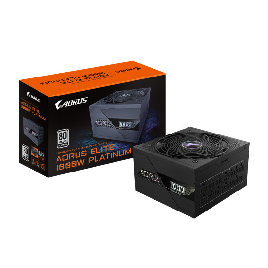 GIGABYTE AORUS ELITE P1000W ICE Power Supply Unit - PCIe 5.0, 80 PLUS Platinum, Fully modular design, 120mm Fan, ATX 3.0 compatible, EU Plug GIGABYTE AORUS ELITE P1000W ICE Power Supply Unit - PCIe 5.0, 80 PLUS Platinum, Fully modular design, 120mm Fan, ATX 3.0 compatible, EU Plug