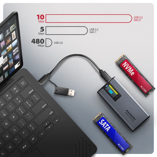 AXAGON EEM2-SD2 USB-C 3.2 Gen 2 - M.2 NVMe / SATA SSD 30-80mm ALU box grey, LCD display AXAGON EEM2-SD2 USB-C 3.2 Gen 2 - M.2 NVMe / SATA SSD 30-80mm ALU box grey, LCD display