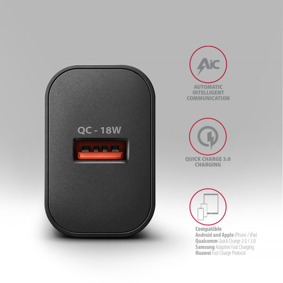 Axagon ACU-QC18 kroviklis jungiama tinkl QC 18W, 1x port USB-A, QC3.0/AFC/FCP/SMART Juoda Mobile phone, Power bank, Smartphone, Smartwatch, Tablet, Universal Black AC Fast charging Indoor Axagon ACU-QC18 kroviklis jungiama tinkl QC 18W, 1x port USB-A, QC3.0/AFC/FCP/SMART Juoda Mobile phone, Power bank, Smartphone, Smartwatch, Tablet, Universal Black AC Fast charging Indoor