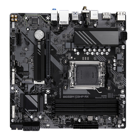 B650M D3HP AX Motherboard - AMD Ryzen 9000 Series CPUs, 5+2+2 Phases VRM, up to 8000MHz DDR5 (OC), 2xPCIe 4.0 M.2, WIFI 6E, 2.5GbE LAN, USB 3.2 Gen 1 B650M D3HP AX Motherboard - AMD Ryzen 9000 Series CPUs, 5+2+2 Phases VRM, up to 8000MHz DDR5 (OC), 2xPCIe 4.0 M.2, WIFI 6E, 2.5GbE LAN, USB 3.2 Gen 1