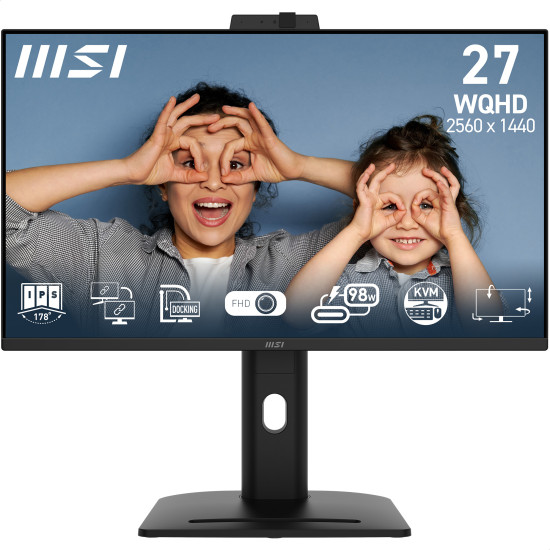 MSI Pro MP275QPDG 27 Inch Monitor, QHD (2560 x 1440), 100Hz, IPS, 1ms, 2x HDMI 2.0b, 1x DP 1.2a input, 1x DP 1.2a output, 1x Type-C (DP alt.) w/ 98W PD, 1x LAN, 4xUSB 5Gbps Type-A, 1x USB 5Gbps Type-B, Built-in Speakers, Webcam, Daisy Chain, HDR Ready, An MSI Pro MP275QPDG 27 Inch Monitor, QHD (2560 x 1440), 100Hz, IPS, 1ms, 2x HDMI 2.0b, 1x DP 1.2a input, 1x DP 1.2a output, 1x Type-C (DP alt.) w/ 98W PD, 1x LAN, 4xUSB 5Gbps Type-A, 1x USB 5Gbps Type-B, Built-in Speakers, Webcam, Daisy Chain, HDR Ready, An