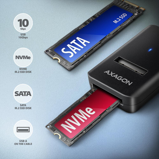 Axagon ADM2-AM USB-A 10Gbps - M.2 NVMe & SATA SSD adaptér, kabelis USB-A 10cm SSD enclosure Black Axagon ADM2-AM USB-A 10Gbps - M.2 NVMe & SATA SSD adaptér, kabelis USB-A 10cm SSD enclosure Black