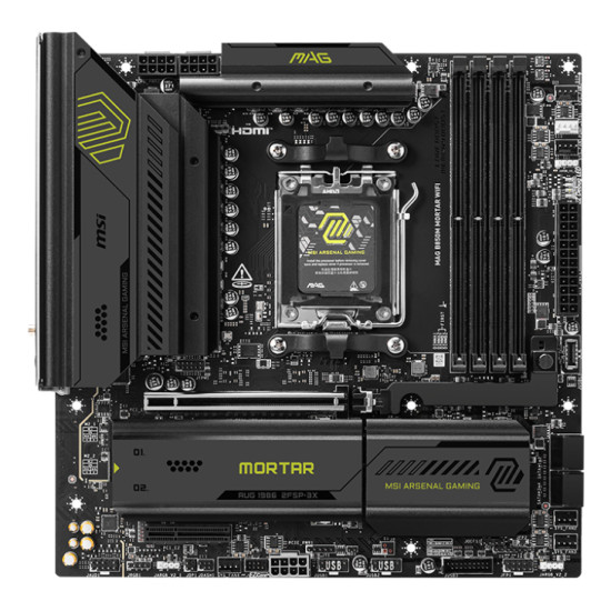Mainboard|MSI|AMD B850|SAM5|Micro-ATX|Memory DDR5|Memory slots 4|1xPCI-Express 4.0 4x |1xPCI-Express 4.0 8x|1xPCI-Express 4.0 16x|1xPCI-Express 5.0 16x|3xM.2|1xHDMI|3xUSB 2.0|4xUSB 3.2|2xUSB-C|1xOptical S/PDIF|1xRJ45|2xAudio port|MAGB850MMORTARWIFI Mainboard|MSI|AMD B850|SAM5|Micro-ATX|Memory DDR5|Memory slots 4|1xPCI-Express 4.0 4x |1xPCI-Express 4.0 8x|1xPCI-Express 4.0 16x|1xPCI-Express 5.0 16x|3xM.2|1xHDMI|3xUSB 2.0|4xUSB 3.2|2xUSB-C|1xOptical S/PDIF|1xRJ45|2xAudio port|MAGB850MMORTARWIFI