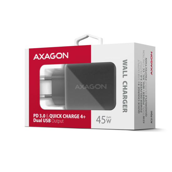 Axagon ACU-PQ45 QC 3.0, 4.0/AFC/FCP/PPS/PD, 45W, schwarz - Netzladegerät mit USB-A und USB-C Schnittstelle Mobile phone, Smartphone, Smartwatch, Tablet, Universal Black AC Fast charging Indoor Axagon ACU-PQ45 QC 3.0, 4.0/AFC/FCP/PPS/PD, 45W, schwarz - Netzladegerät mit USB-A und USB-C Schnittstelle Mobile phone, Smartphone, Smartwatch, Tablet, Universal Black AC Fast charging Indoor