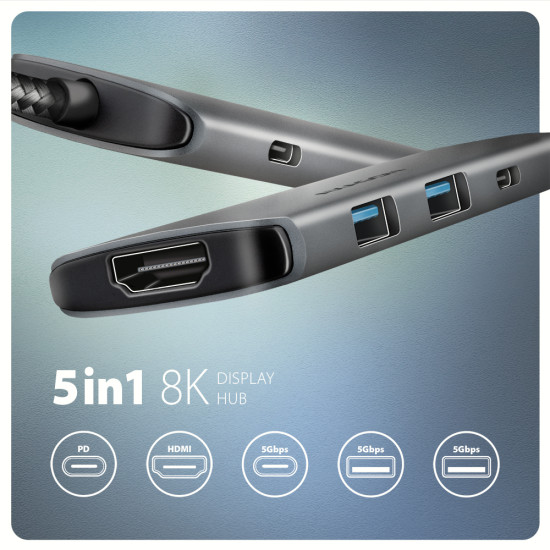 HMC-5H8K USB 5Gbps hub 2x USB-A USB-C HDMI 8k/30Hz PD 100W kabel USB-C