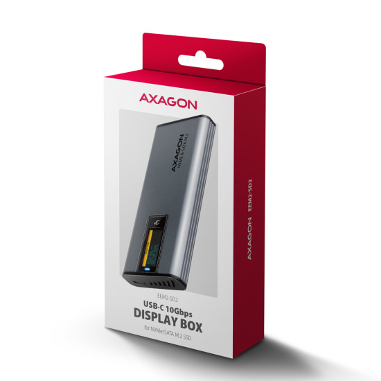 AXAGON EEM2-SD2 USB-C 3.2 Gen 2 - M.2 NVMe / SATA SSD 30-80mm ALU box grey, LCD display AXAGON EEM2-SD2 USB-C 3.2 Gen 2 - M.2 NVMe / SATA SSD 30-80mm ALU box grey, LCD display