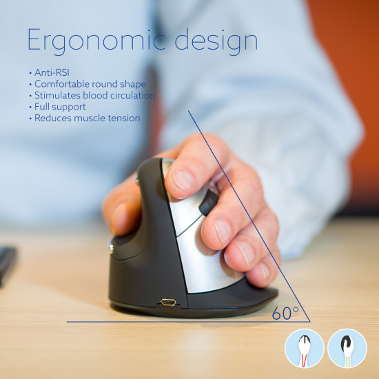 Ergonomic mouse R-Go HE Break with break software, large (hand size ≥ 185 mm), left-handed, Bluetooth, black