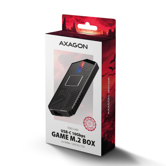 Axagon EEM2-GAM, USB-C 10Gbps - NVMe & SATA SSD GAME M.2 box, bezšroubkový SSD enclosure Black Axagon EEM2-GAM, USB-C 10Gbps - NVMe & SATA SSD GAME M.2 box, bezšroubkový SSD enclosure Black