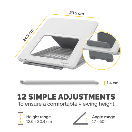 Fellowes Laptop Stand for Desk - Breyta Adjustable Laptop Riser for Home and Office - Portable Laptop Stand with 12 Height Adjustments - Max Laptop Size 14", Max Weight 4KG - White Fellowes Laptop Stand for Desk - Breyta Adjustable Laptop Riser for Home and Office - Portable Laptop Stand with 12 Height Adjustments - Max Laptop Size 14", Max Weight 4KG - White