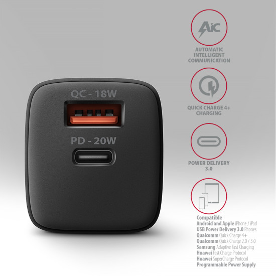 ACU-PQ20 wall charger QC3.0/AFC/FCP+ PD type-C 20 W - schwarz - USB Typ C ACU-PQ20 wall charger QC3.0/AFC/FCP+ PD type-C 20 W - schwarz - USB Typ C